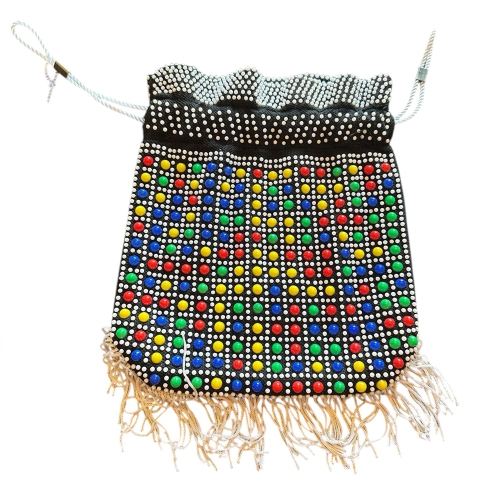 Colorful Dots Black and White Cinch Pouch Purse with Fringe